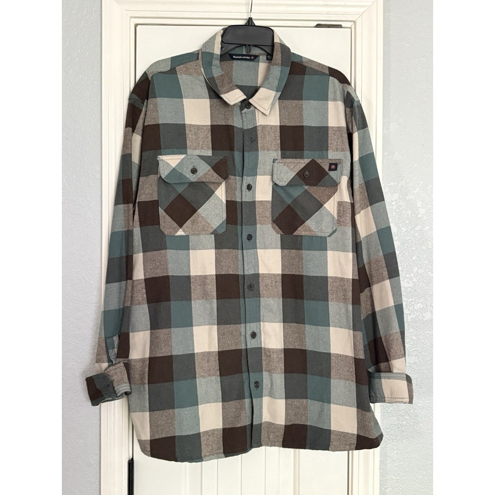 Mountain and Isles Flannel Mens 2XL Shirt Green Brown Plaid Pockets Long Sleeve